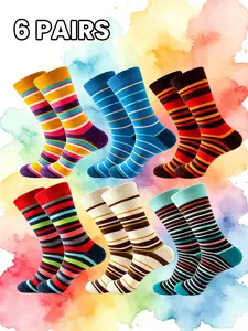 6 Pairs Men's Socks, Multicolor Random, All Seasons, Colorful Stripes, Fashionable, Comfortable, Sweat-Wicking, Casual Mid-Calf Socks, Casual Stylish Socks
