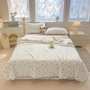 Colorful Heart Print Summer Quilt, Elegant Ruffle Lace Trim, Soft Breathable Fabric, Lightweight Stitching, Dual-Sided Design, Cozy Bedroom Comfort