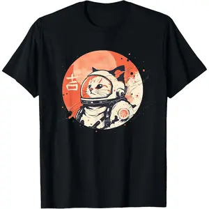 1950s Retro Space Cat Good Luck Kanji T-Shirt classic cotton tee Men's Cotton Casual T-Shirts fashion round neck Vintage Designer Oversized T-Shirt