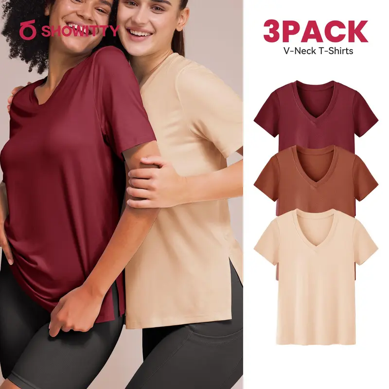 SHOWITTY 3 Pack Women's Plus Size Short Sleeve T-Shirts - Lightweight Casual V-Neck Tops for Fall, Breathable Loose Fit, Comfortable Basic Tees #tiktokshopsummersale