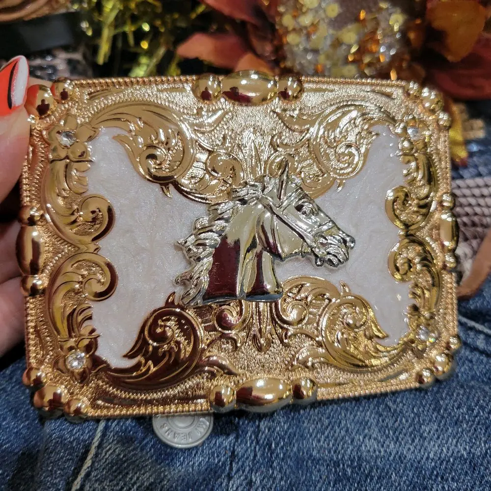 Horse face buckle Western Silver Rose Gold Buckle 4.5x3.0" Rodeo Cowboy Design for Upto 2" Belts Mother of Pearl  look Zinc Alloy