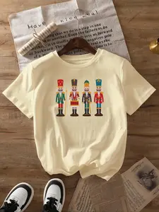 Women's Cartoon Nutcracker Print Round Neck Tee, Casual Short Sleeve Crew Neck T-Shirt for Summer, Fashion Women's Top for Daily Wear