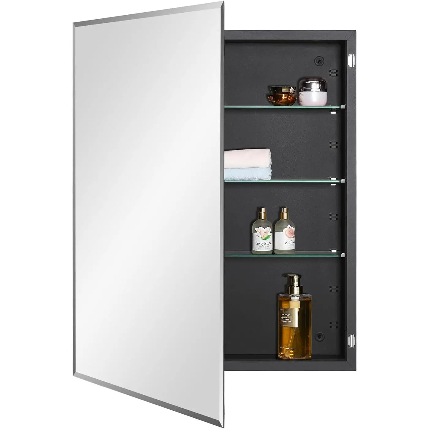 Black Bathroom  Cabinet with Beveled Edge Mirrored Door 24 x 30 inch, Recessed or Surface Mount, with Adjustable Glass Shelves