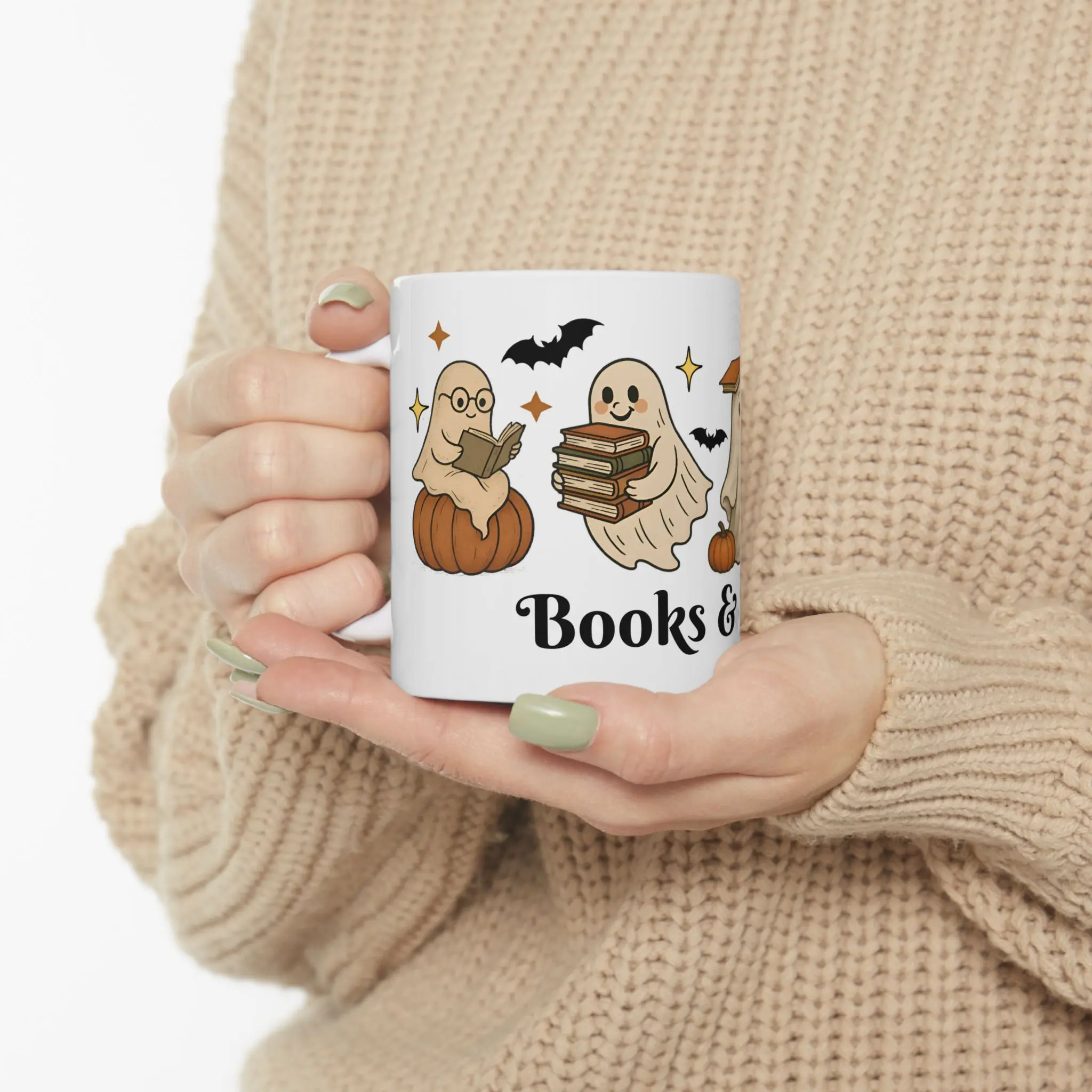 Bookish Ghosts Mug – 11 Ounce Ceramic Tumbler for Book Lovers – Personalize it with 'Books & Boos' Design – Microwave & Dishwasher Safe Drinkware