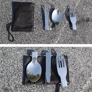 3pcs Stainless Steel Camping Cutlery Set with Folding Spoon, Fork & Knife - Portable Tableware for Outdoor Adventures, Hiking, Picnics & Travel