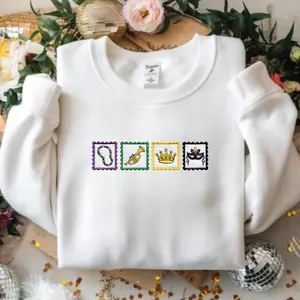 Embroidered Mardi Gras Parade Essentials Sweatshirt, Trumpet Crown and Mask Crewneck, New Orleans Carnival Shirt, Festive NOLA Icon Apparel