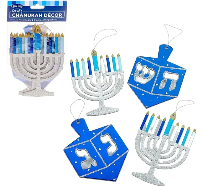 Rite Lite Artistic Hanukkah Ornaments Set of 4 - Glitter Foil Hanging Decor with Hanukkah Symbols, Generous Size Reflective Holiday Room Decorative Pieces with Whimsical Look for Modern Home Festive Use, High Visibility