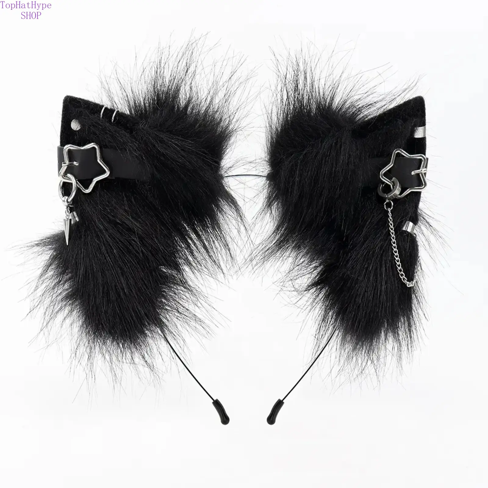 Women's Fluffy Gothic Punk Faux Fur Rabbit Ear Headband - Elastic Fashion Headband with Metal Chain, Dark Aesthetic Emo Hair Accessory for Cosplay Parties, Costume Events, Elastic Fashion Headbands, Rabbit Ear Headbands