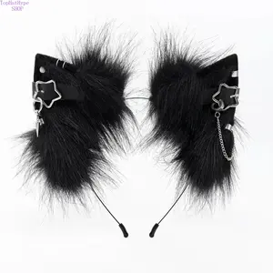 Gothic Punk Faux Fur Animal Ear Headband with Metal Chain – Dark Aesthetic Cosplay Hair Accessory for Parties, Festivals & Costume Events