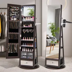COSTWAY 360° Swivel Jewelry Cabinet Armoire 64.5" H, Full Length Mirror with Jewelry Storage, 6 LEDs Lockable Jewelry Organizer, Rear Storage Shelves, Large Drawer, Hairdryer Holder -costst
