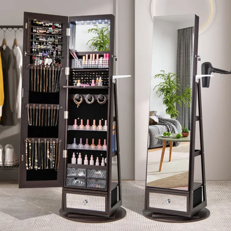 COSTWAY 360° Swivel Jewelry Cabinet Armoire 64.5" H, Full Length Mirror with Jewelry Storage, 6 LEDs Lockable Jewelry Organizer, Rear Storage Shelves, Large Drawer, Hairdryer Holder -costst