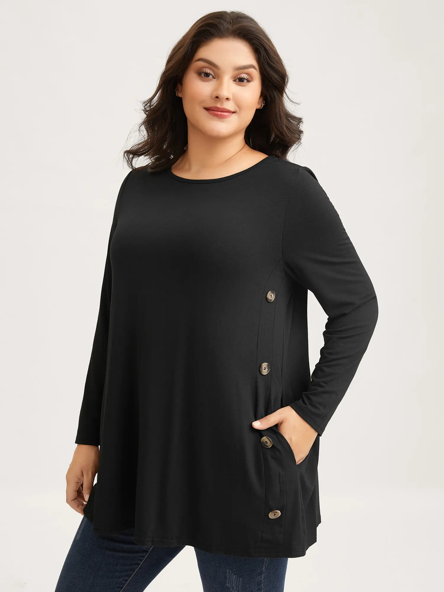 BloomChic Women's Knit Tunic Sweater, Casual Loose Fit Pullover with a Round Neck, Side Buttons and Extra Long Sleeves, Spandex, Garment