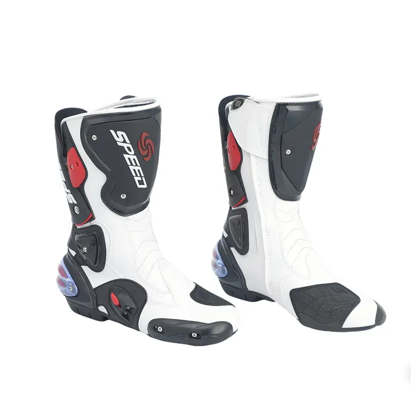 Professional motorcycle riding boots with hard protective gear, impact resistance, anti-slip sole, high-top design for both track and off-road use