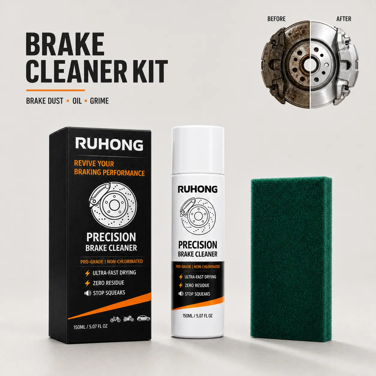 Automotive Rust Remover Spray with Cleaning Pad (150 mL) - Ultra-Fast Dry, 0 Residue, Non-Chlorinated Wheel/Rim Cleaner for Rotors, Calipers, Cars - Stops Squeaks, Removes Brake Dust, Iron Dust, Oil, Grease, Grime, Stop Squeaks