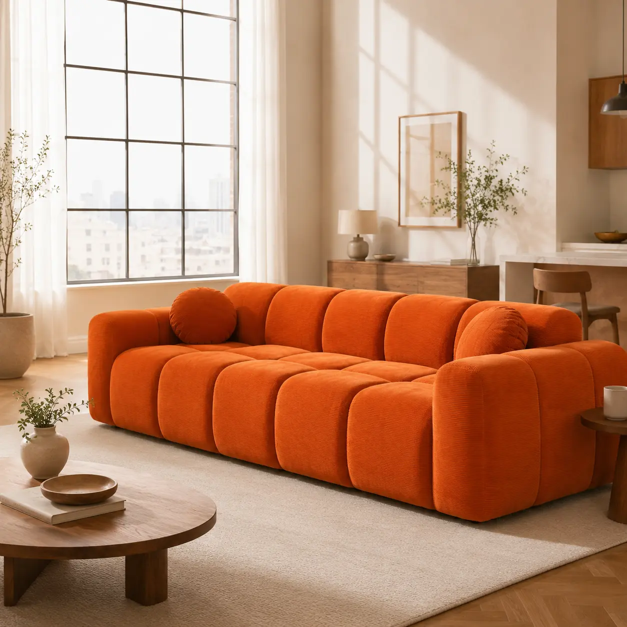 Retro Corduroy Cloud Puff Sofa, 98" Large Fluffy Lounge Couch, Cream Color Oversized Single/Double Seater, Aesthetic Living Room Furniture