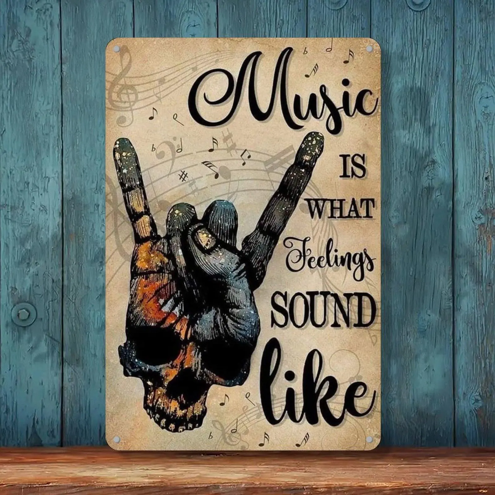Music Is What Feelings Sound Like Skull Rock Hand Vintage Tin Sign 8x12in Bar Wall Decor Metal Tin Sign