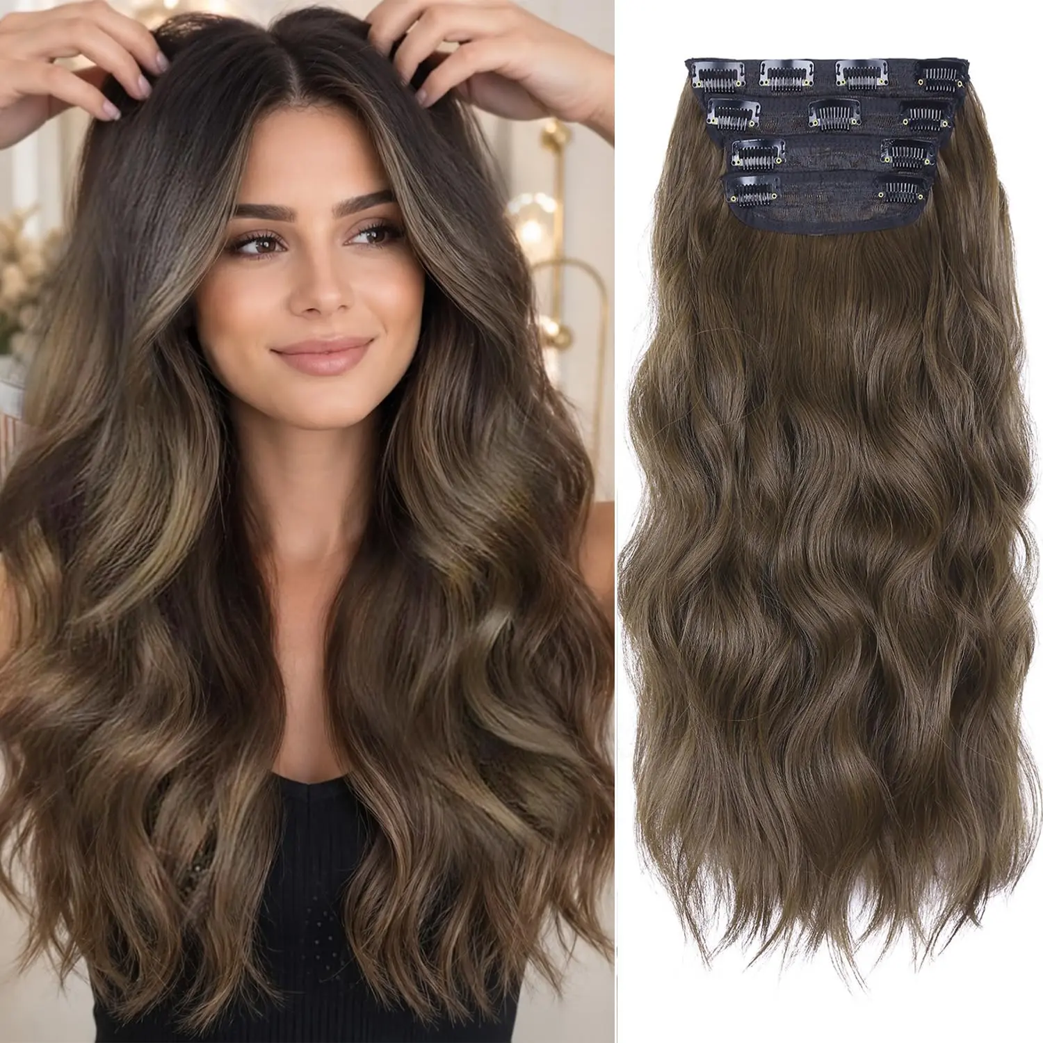 Chocolate Brown with Dark Brown Long Wavy 4PCS 20 Inch Synthetic Soft and Natural Thick  Pieces for Women Invisible Seamless Clip Hair Extensions double weft