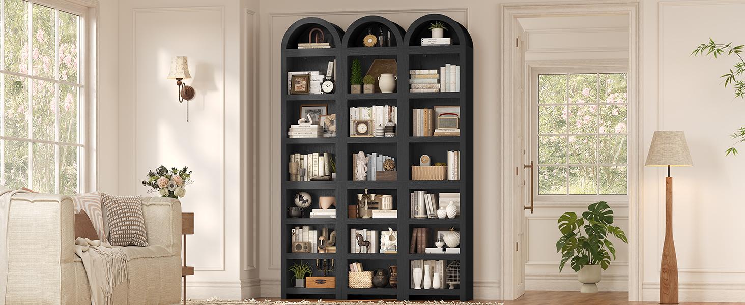 76" Tall Narrow Arched Wooden Bookshelf - 7-Tier Modern Curved Slim Space Saver Storage Cabinet with Adjustable Custom Shelf Fit for Home Library, Living Room, Storage Organization