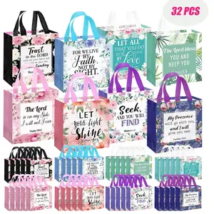 32 Pcs Religious Gift Bags Bulk for Women, Non Woven Christian Gift Bag with Handle, Reusable Flower Religious Baptism Bible Verse Tote for Eid Easter Catholic Theme Party Favors