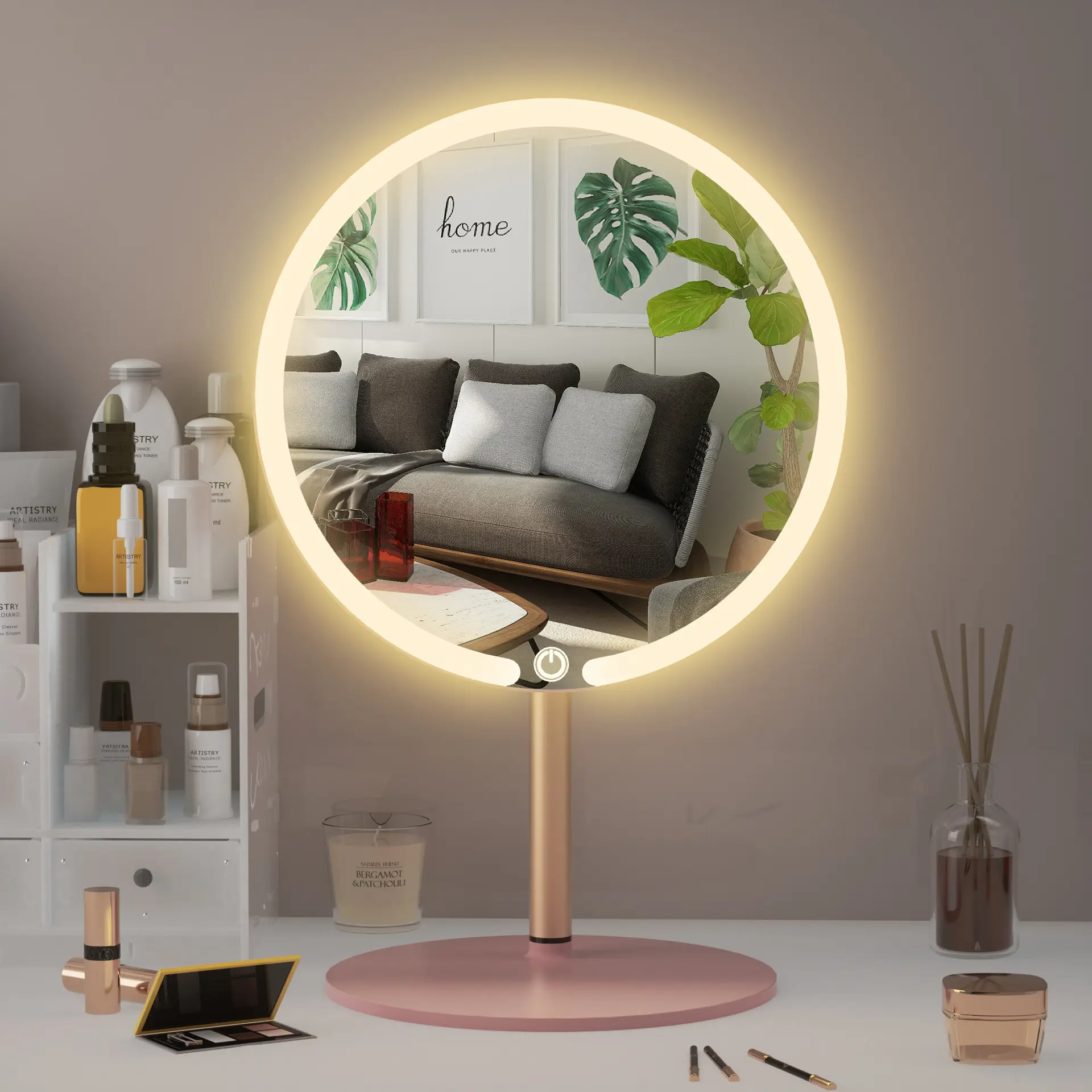 Large Size Round LED Lighted Vanity Mirror for Home Desktop Bathroom French Style Decor Cherry