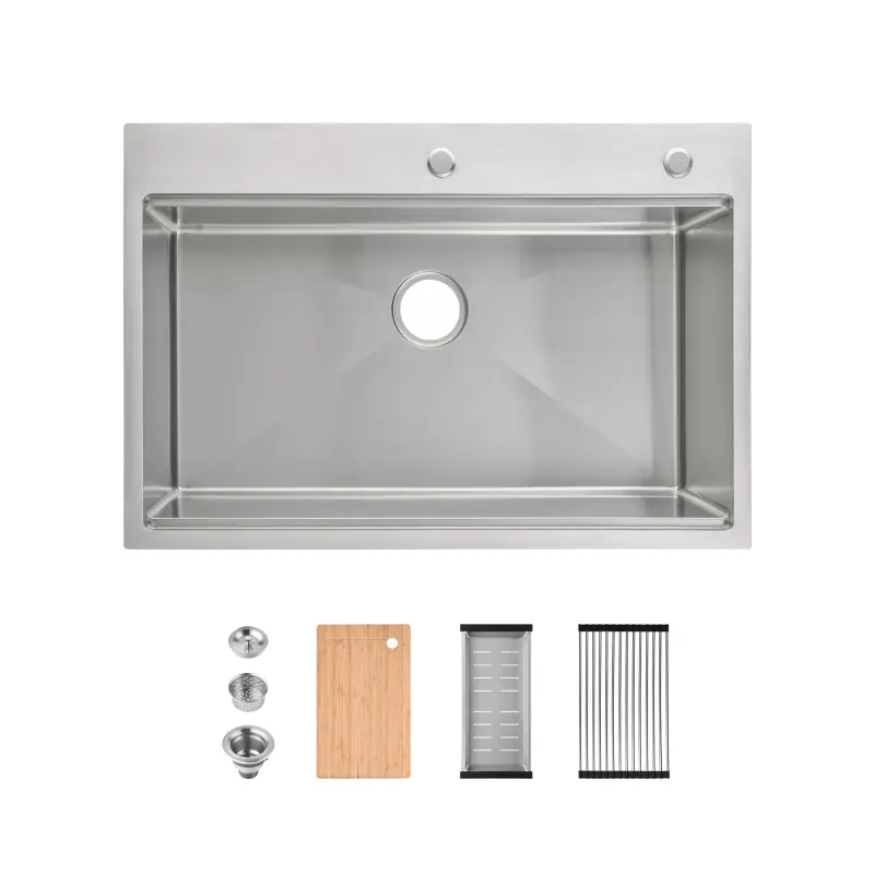 Stainless Steel Kitchen Sink, 33″x22″ Single Bowl, Overmount Handmade Sink in Brushed, with Cutting Board, Colander, SS-BR01D- 332208
