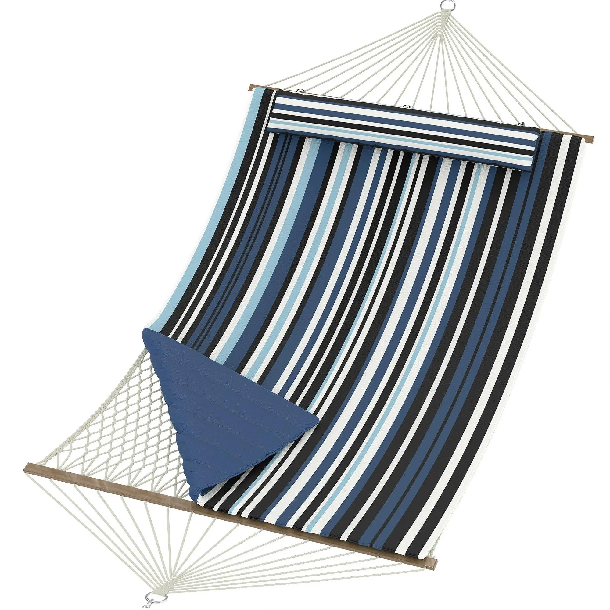 Double Hammock, 12FT Quilted Outdoor Swing Bed for 2 People, Removable Ergonomic Pillow, Heavy Duty 450 Lbs for Patio, Garden, Backyard, Blue Stripe