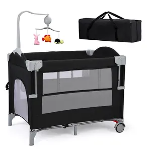 JOYMOR 4 in 1 Pack and Play, Baby Bedside Bassinet, Sturdy Play Yard with Padded Mat and Toy bar with Soft Toys