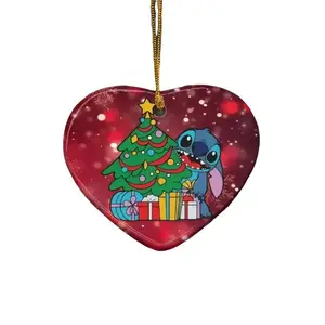 Disney Stitch Christmas Tree Ornament Heart-Shaped Ceramic with Festive Design and Colorful Details for Holiday Decor