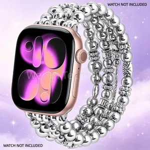 Metal bead bracelet compatible with Apple strap 38mm 40mm 41mm 42mm (10/11) 44mm 45mm 46mm 49mm women's handmade dress iPhone strap iWatch series 11 10 9 SE 8 7 elastic strap Smart Watch Straps, Smartwatch Accessories
