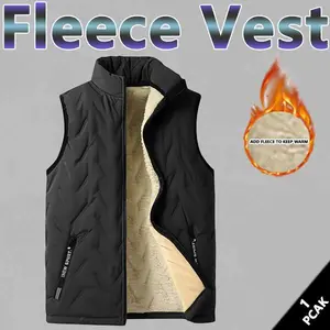 Men's Winter Warm Vest Lined with Wool Regular Fit Polyester Fiber Zipper Design Easy Machine Washable Casual Style Medium Size Menswear Tops Plain Gilet Wetsuit Tractor Beige Black Crewneck