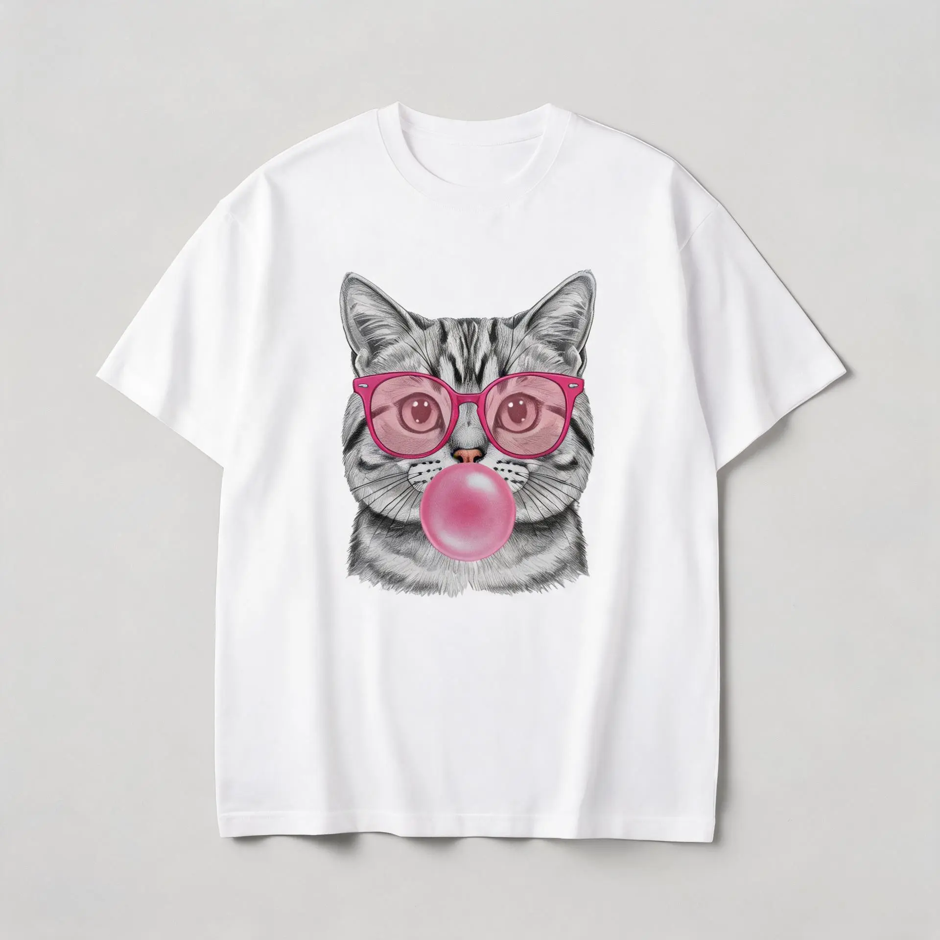 Bubblegum Cat Graphic Women's T-Shirt, Pink Sunglasses Cat Casual Tee Printed Top