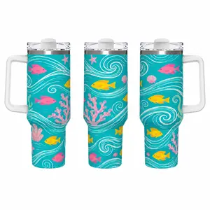 40oz Teal Turquoise Underwater Tropical Fish Coral Wave Print Insulated Stainless Steel Tumbler with Handle, Sea Starfish Seashell Pattern Travel Mug, Double Wall Hot-Cold Retention Spill-Proof Straw Lid Bottle for Summer Beach Vacation Coastal Gift