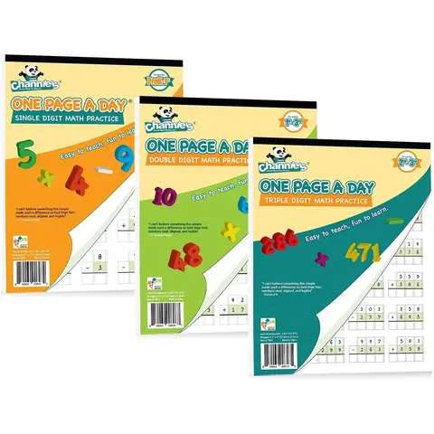 Channie’s One Page A Day Math Practice Workbooks – 3 Pack (Single, Double & Triple Digit) Visual Math Practice for Grades 2–3 | Addition & Subtraction | Patent Pending Design, Easy To Teach