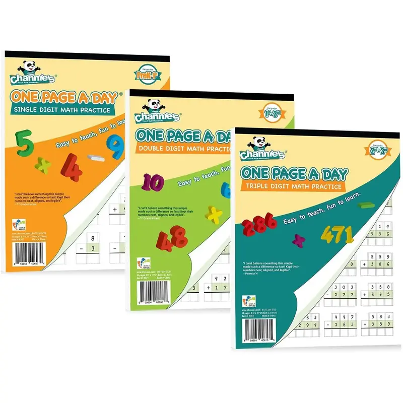 Channie’s One Page A Day Math Practice Workbooks – 3 Pack (Single, Double & Triple Digit) Visual Math Practice for Grades 2–3 | Addition & Subtraction | Patent Pending Design, Easy To Teach