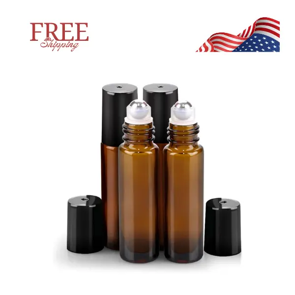 4 Pack Essential Oil Roller Bottles Stainless Steel, 10ml Amber Glass Roller Bottles