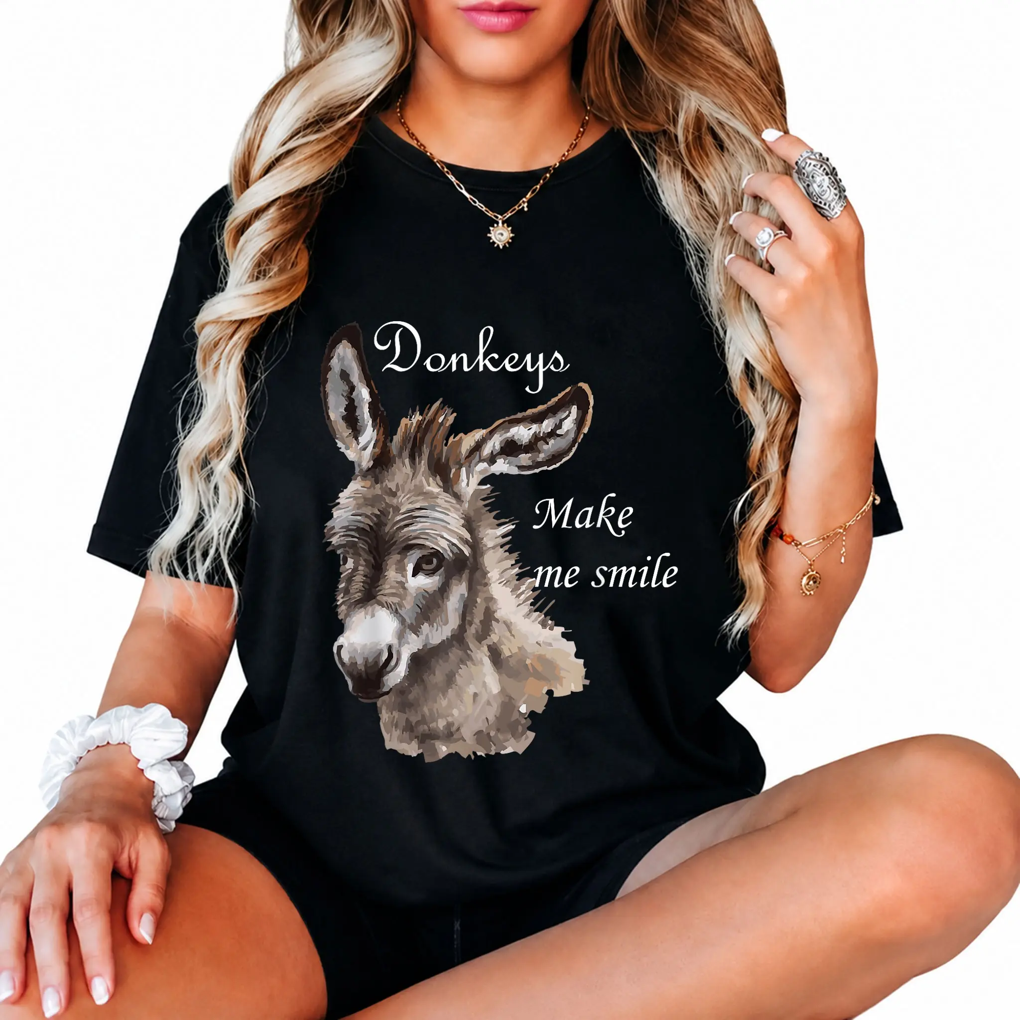 100% Cotton Donkeys Make Me Smile Cute Miniature Donkey Mini Donkey Gift T-Shirt