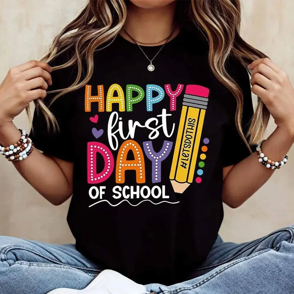 Lady's Everyday Round Neck Graphic Print School-Themed Tee, Casual Short-Sleeve Summer Fashion Tshirt for Students