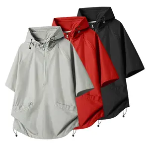 Men’s summer hooded half-zip short-sleeve loose breathable quick-dry top with mesh lining for casual sports and outdoor wear; solid color, stylish and versatile for everyday use; premium quality. summervibes