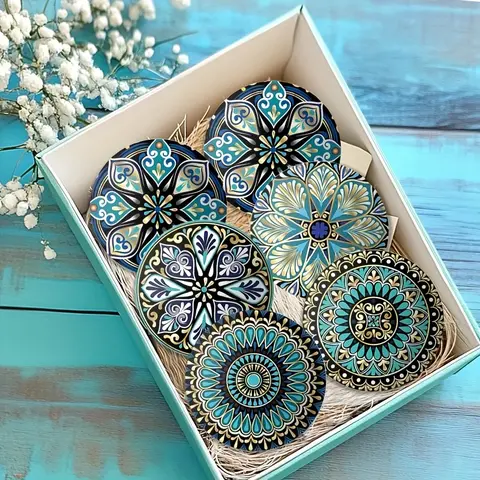 12 piece Mandala Art Coaster Wooden Cup Stand Set, 2D Mandala Art Round Coaster, Wooden Coasters, the best art gift for friends and family on terrace tables, kitchens, and living rooms, excluding gift boxes