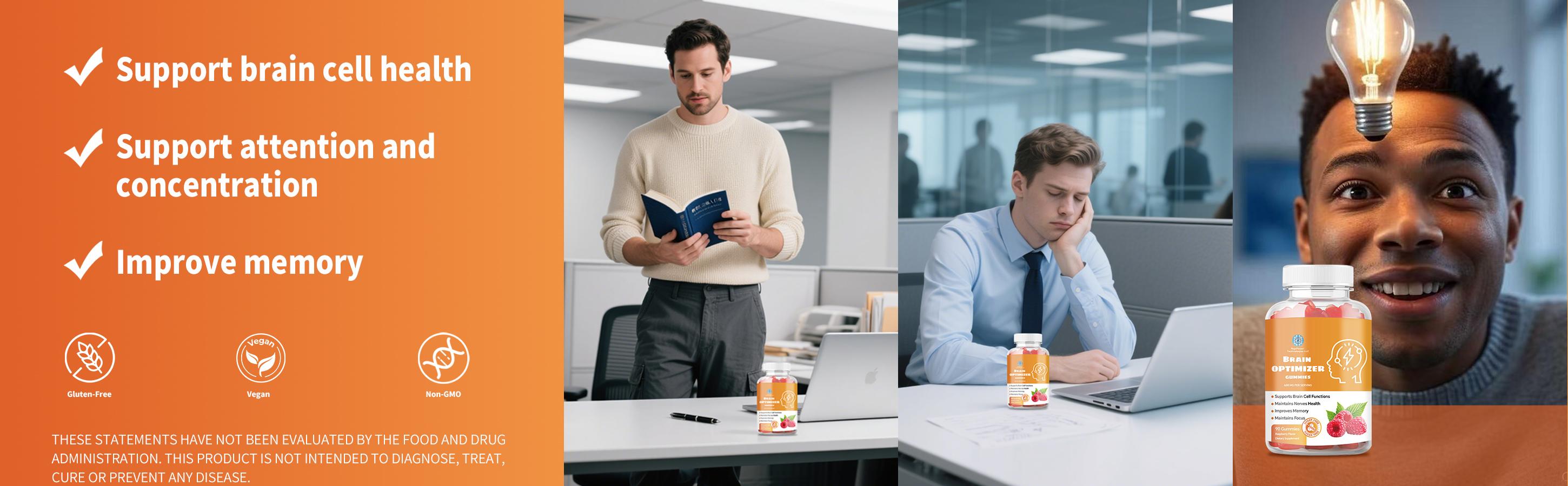 Brain Optimizer Gummies | Memory, Focus & AttentionSupport I Cognitive Health Supplement with Magnesium,Omega 3, Ashwagandha | 90 Count, Raspberry Flavor