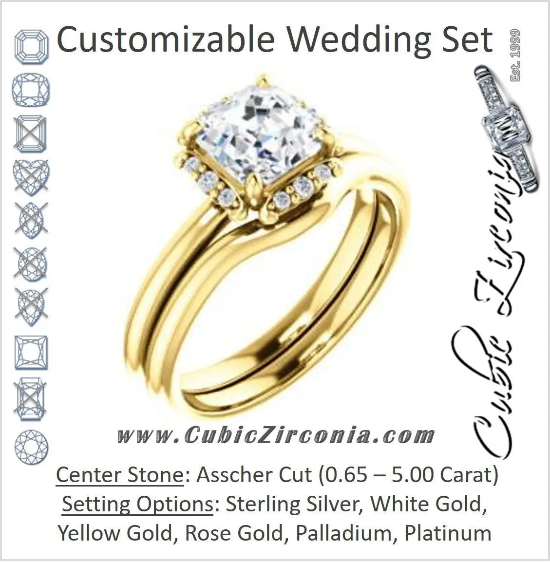 CZ Wedding Set, featuring The Tiara Rose engagement ring (Customizable Asscher Cut Design with Thin Band & Semi-Halo)
