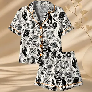 Women’s Witchy Things In Black And White Cat Short Sleeve Satin Pajama Set, Long Sleeve Satin Pajama Set