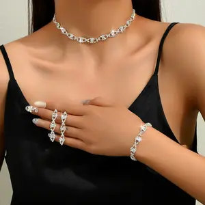 Elegant Luxury Crystal Jewelry Set, Red/Royal Blue/Clear, 3Pcs Necklace Earrings Bracelet, Premium Fashion Accessories