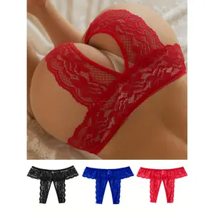 DMR 3pcs Women's Sexy Valentine's Day Underwear - Open-Crotch, Transparent Bottoms, Seduction Lace Briefs for Romantic Nights Fabric Polyester Floral Lace Babydoll Nightgown Womenswear Knit Fit Panties Solid Comfort Black+Blue+Red