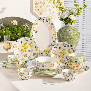 8/14/23 Piece Ceramic Dinnerware Set, Includes Plates Bowls Spoons Chopsticks, Microwave & Oven Safe, Floral Pattern, Kitchen Use, Ceramic Dish Set