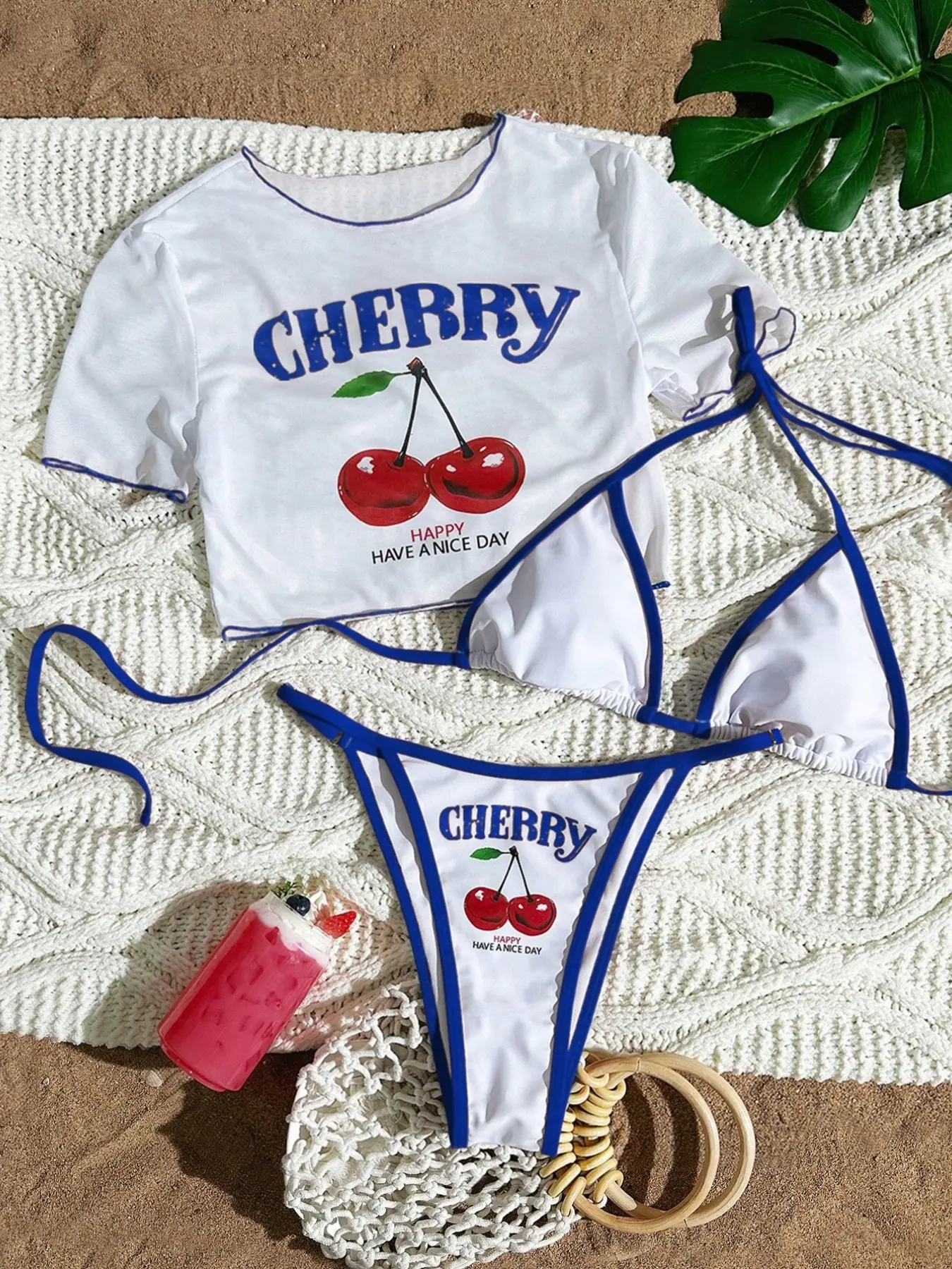 Three-Piece Bikini Cover-Up Set, Cherry Print Bow Tie Swimsuit, Cute Triangle Women's Swimwear, Stylish Beach Wear, Swim Top Set, Cheeky Triangle Swim Bottoms