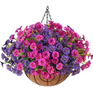 UV Protected Faux Silk Morning Glory Hanging Planter, Hanging Flower Pots, Fade-Resistant Vibrant Blooms for Spring Summer Porch, Patio, Yard & Home Decoration