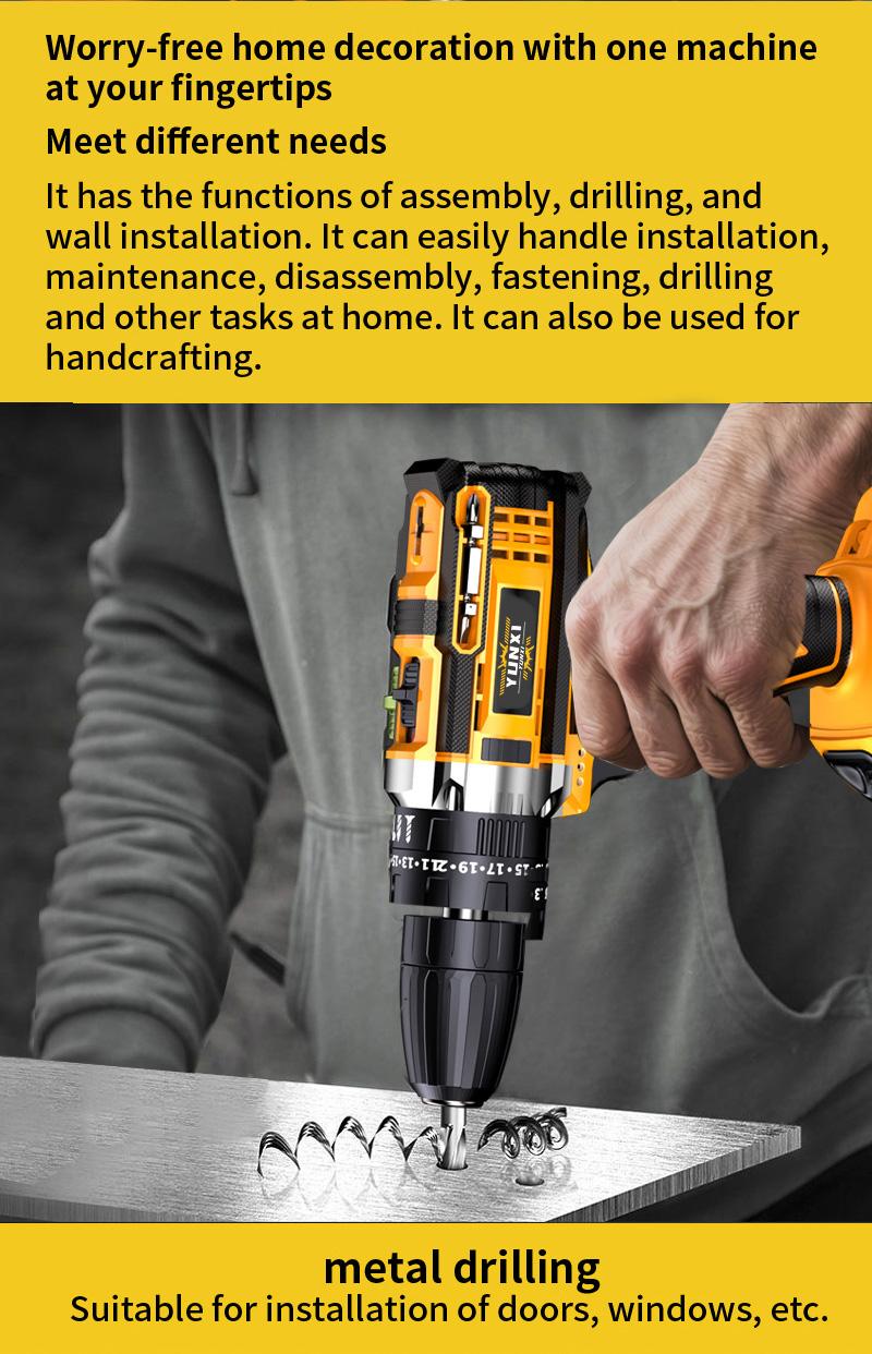21V household multifunctional wireless drill tool set, impact drill, drill with work light, equipped with 1 or 2 batteries and quick charger, optional drill set and box, screwdriver, tape measure, drill set suitable for home maintenance, men's gift