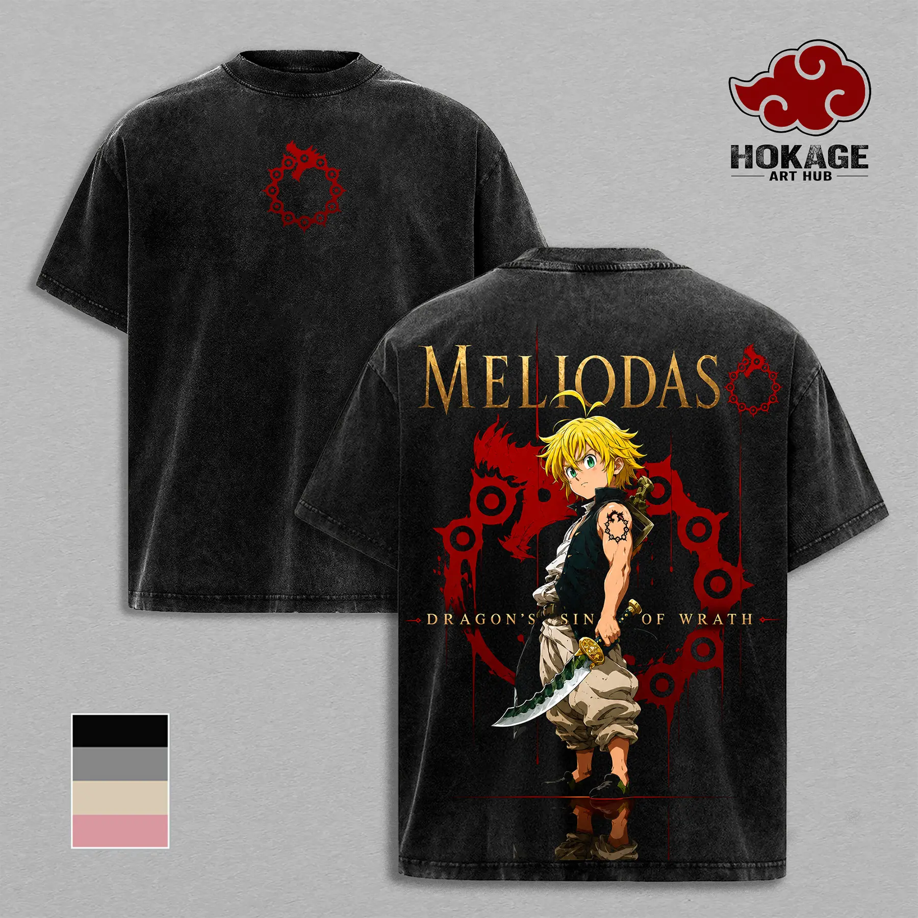 Meliodas 7 Deadly Sins Dragon's Sin Of Wrath Double Printed Seamless Round Neck Shortsleeve T-Shirt, Men's Stone Wash Streetwear Heavy Cotton Oversized Top, Anime Fan Gift