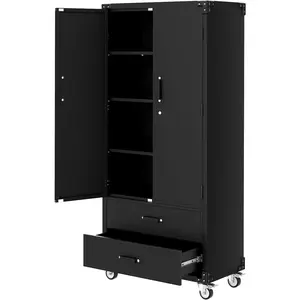 Garvee tool cabinet, metal cabinet with wheels, mobile workbench with lockable doors and 2 drawers, sturdy rolling cart with 3 adjustable shelves for garage, office, workshop, and storage 40*80*183 cm